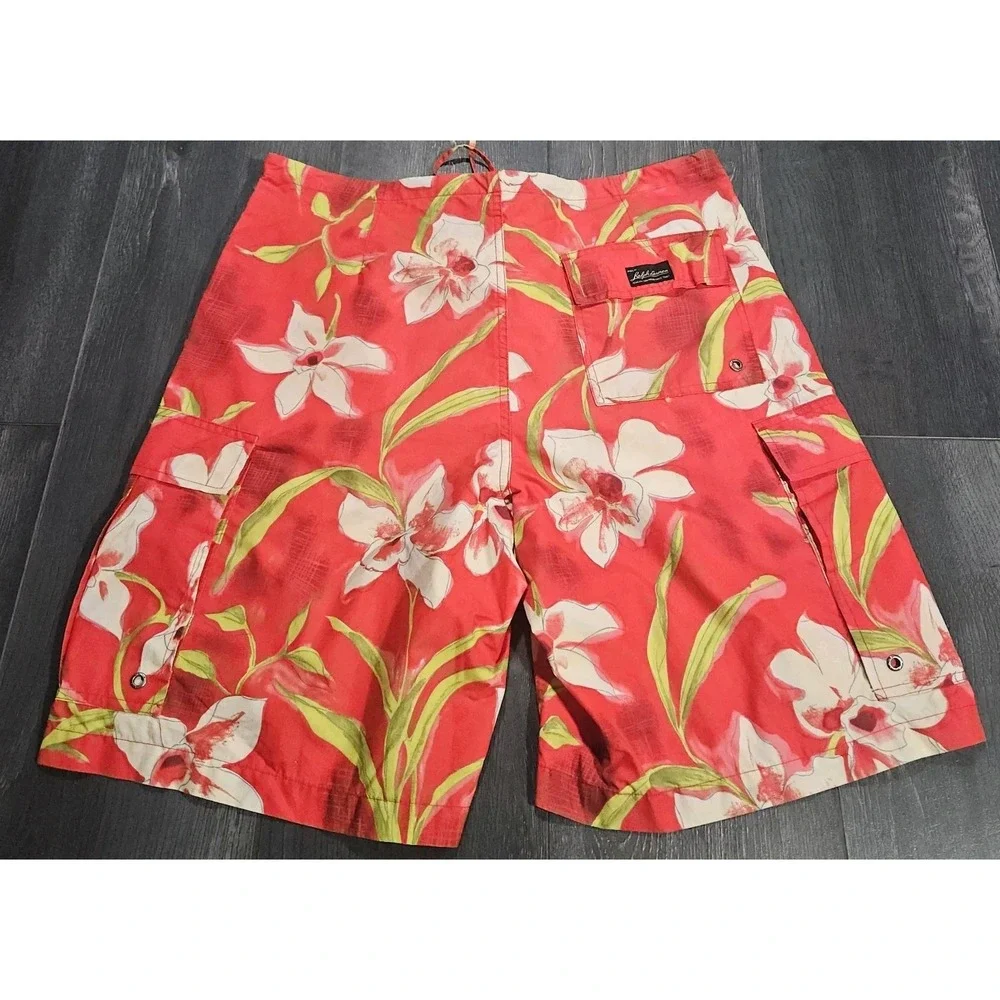 VTG Polo Ralph Lauren Cargo Board Shorts Men M Orange Floral Beach Hawaiian Surf